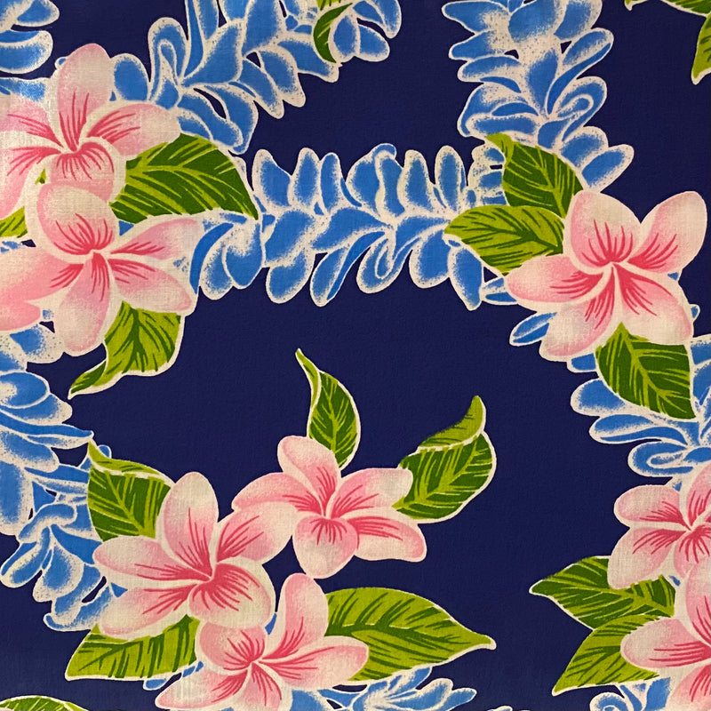 Poly-Cotton Hawaiian Fabric - Plumeria Lei Blue