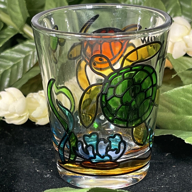 Shot Glass - Stained Glass Green and Brown Honu