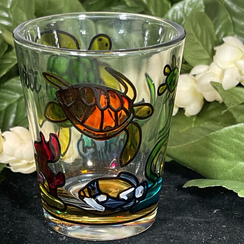 Shot Glass - Stained Glass Green and Brown Honu