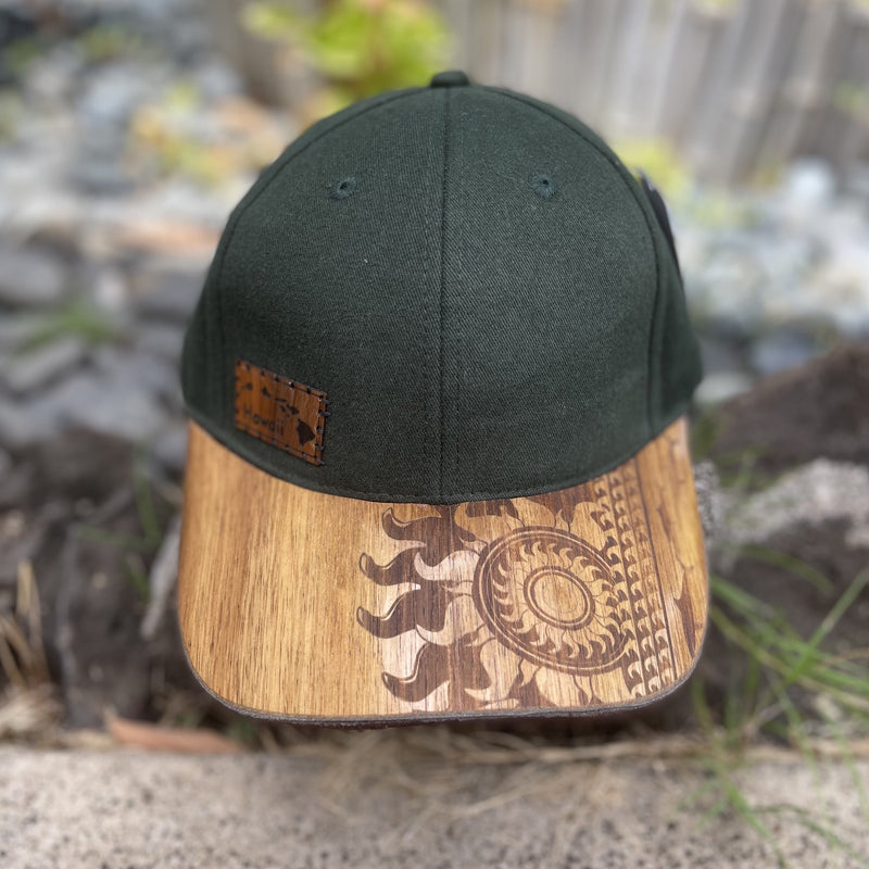 Koa Wood Black Hat w/ Island Chain Wood Stamp & Sunburst Rim