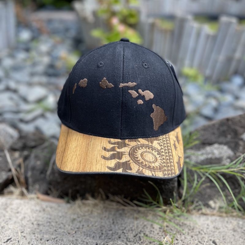 Koa Wood Bill Cap - Hawaiian Island Chain with Sunburst
