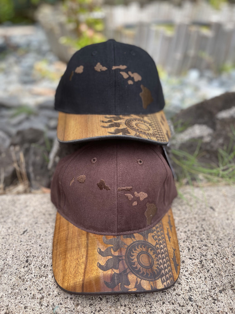 Koa Wood Bill Cap - Hawaiian Island Chain with Sunburst