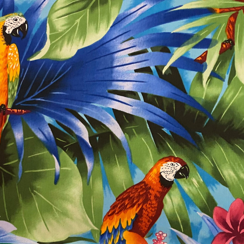 100% Cotton Hawaiian Fabric - Tropical Parrots Turquoise