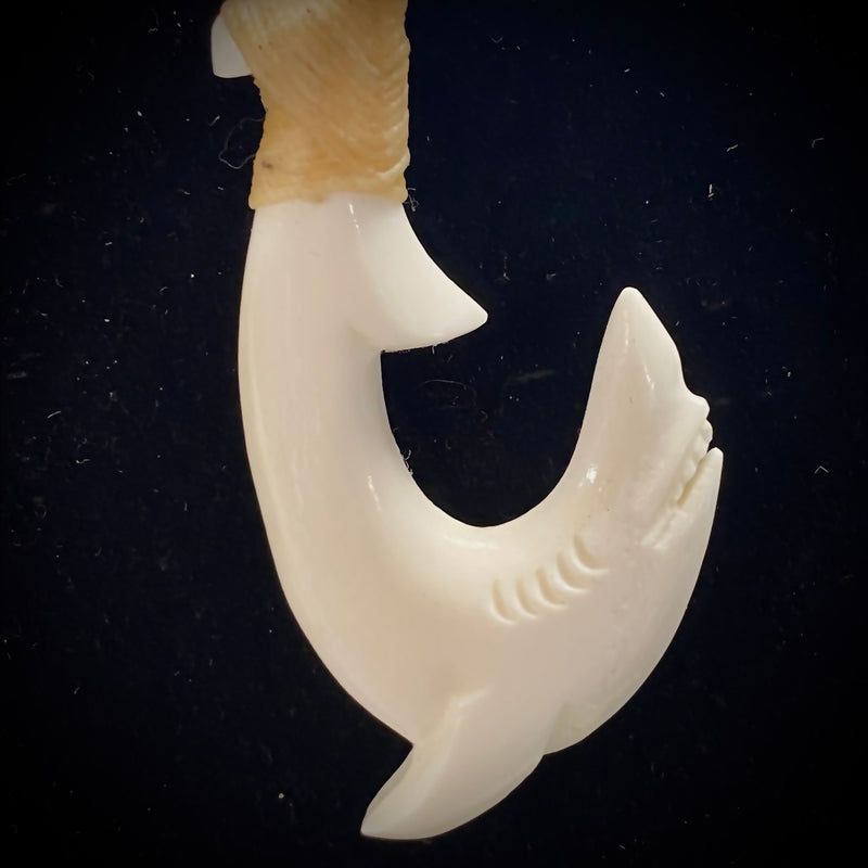 Carved Shark Cow Bone Fish Hook Pendant