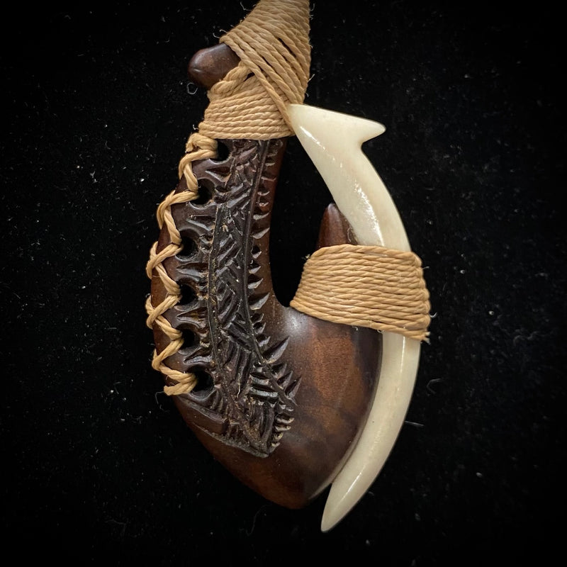 Samoan Carved Milo & Cow Bone Fish Hook w/ Tattoo Etching Pendant