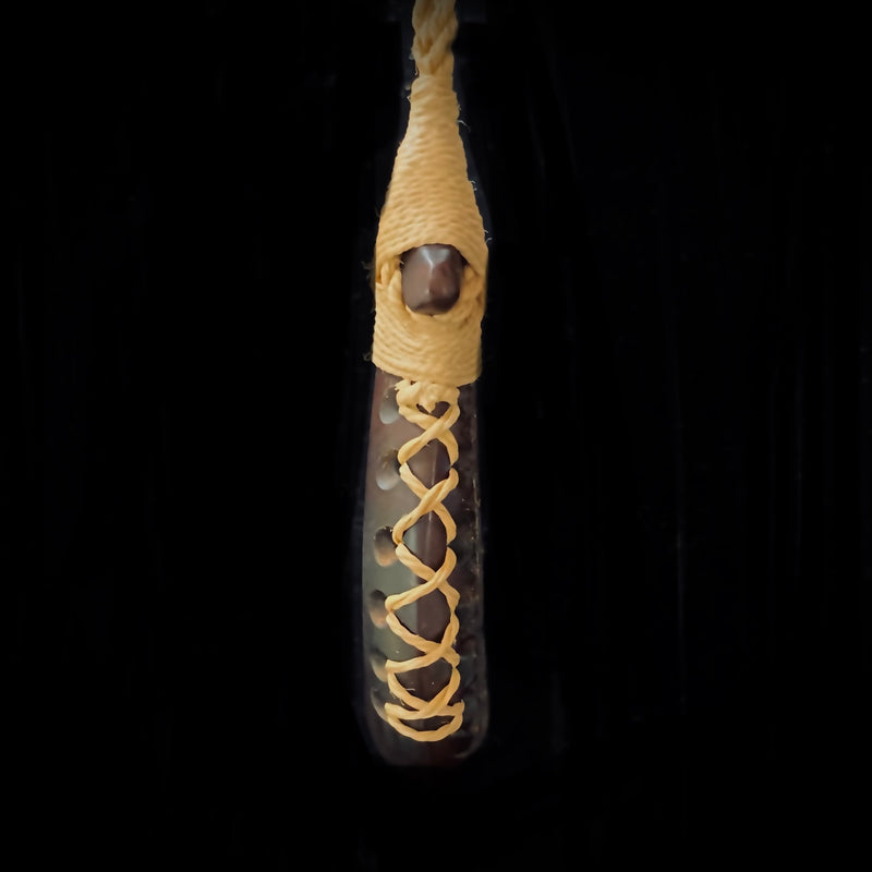 Samoan Carved Milo & Cow Bone Fish Hook w/ Tattoo Etching Pendant