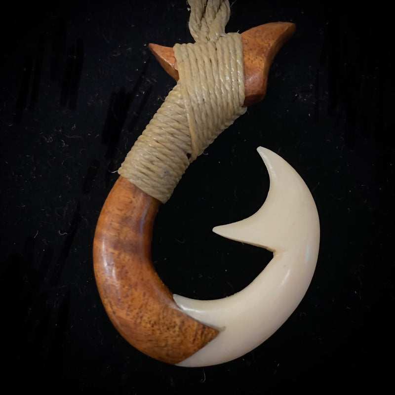 Carved Hawaiian Curly Koa with Cow Bone Wood Fish Hook