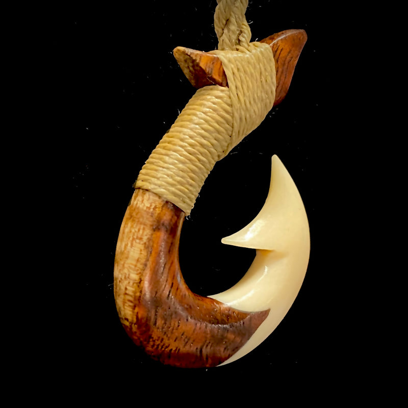 Carved Hawaiian Curly Koa Wood & Cow Bone Fish Hook