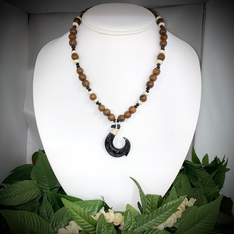 Carved Black Buffalo Horn 1 Barb Fish Hook Pendant with Wooden Beads