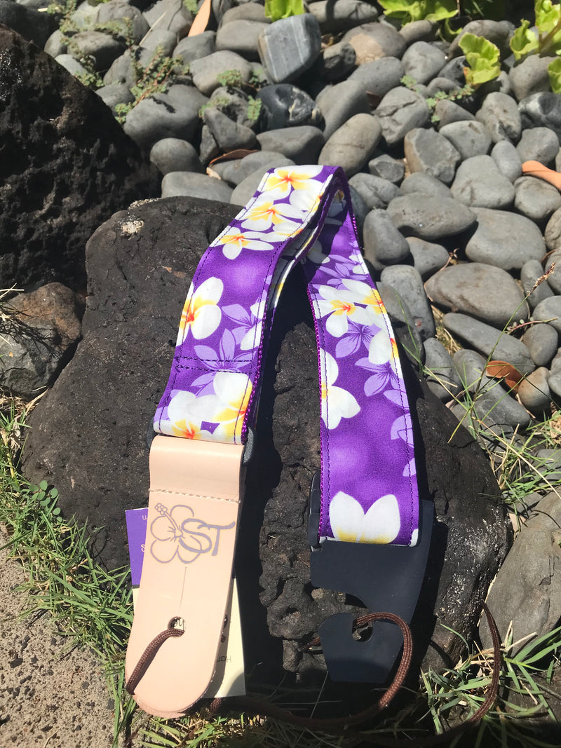 Ukulele Straps - Purple Plumeria Hawaiian Print