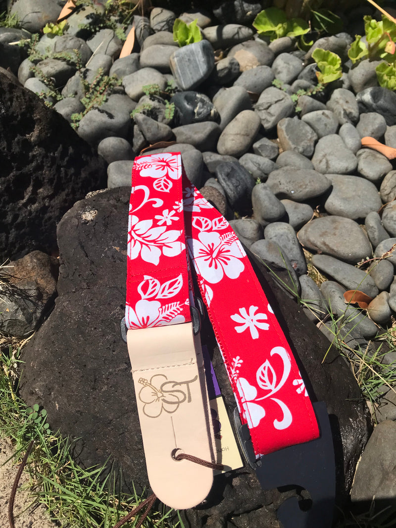 Ukulele Straps - Red Hibiscus Hawaiian Print