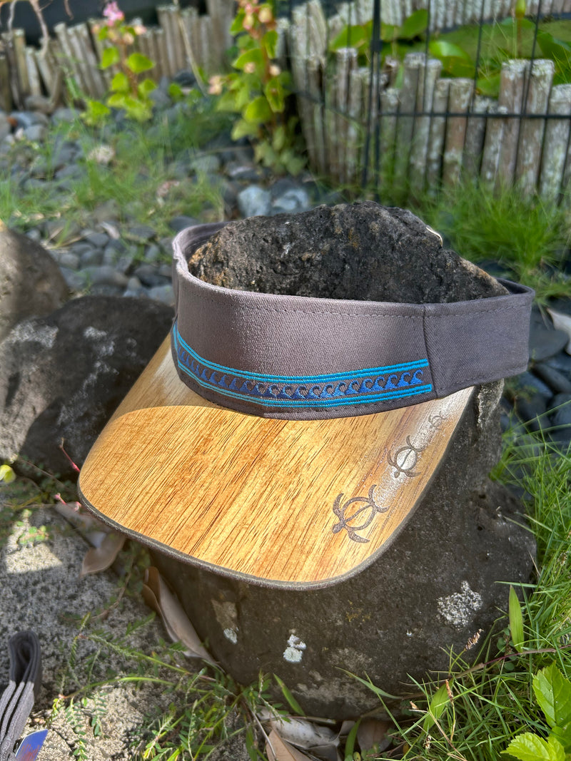 Koa Wood Bill / Dark Grey Visor - Blue Wave-3 petroglyph honu(turtle) Brim