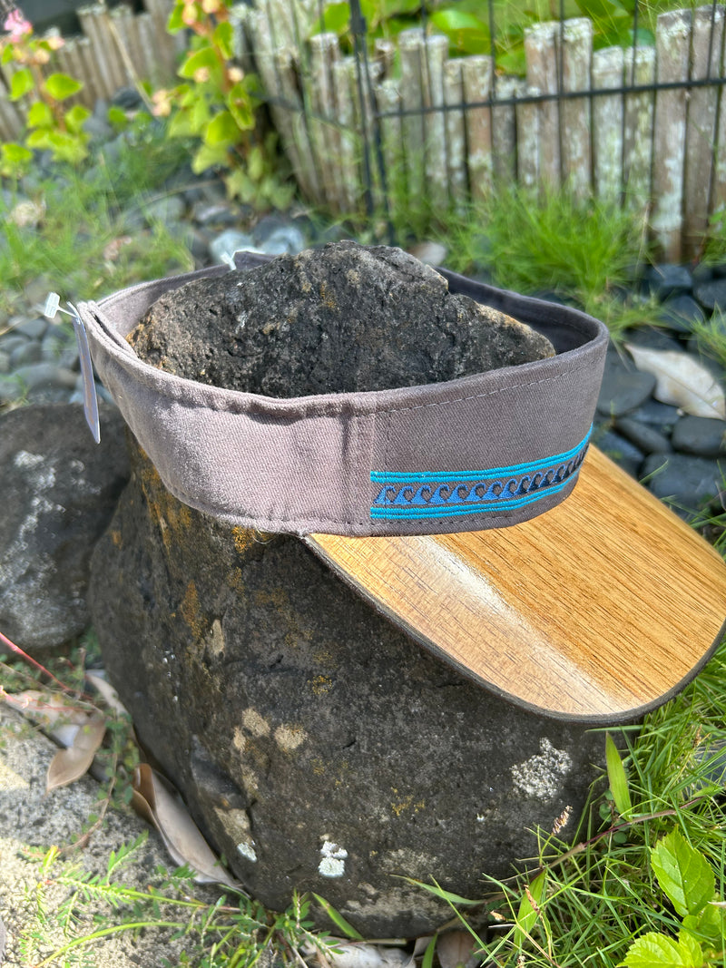 Koa Wood Bill / Dark Grey Visor - Blue Wave-3 petroglyph honu(turtle) Brim