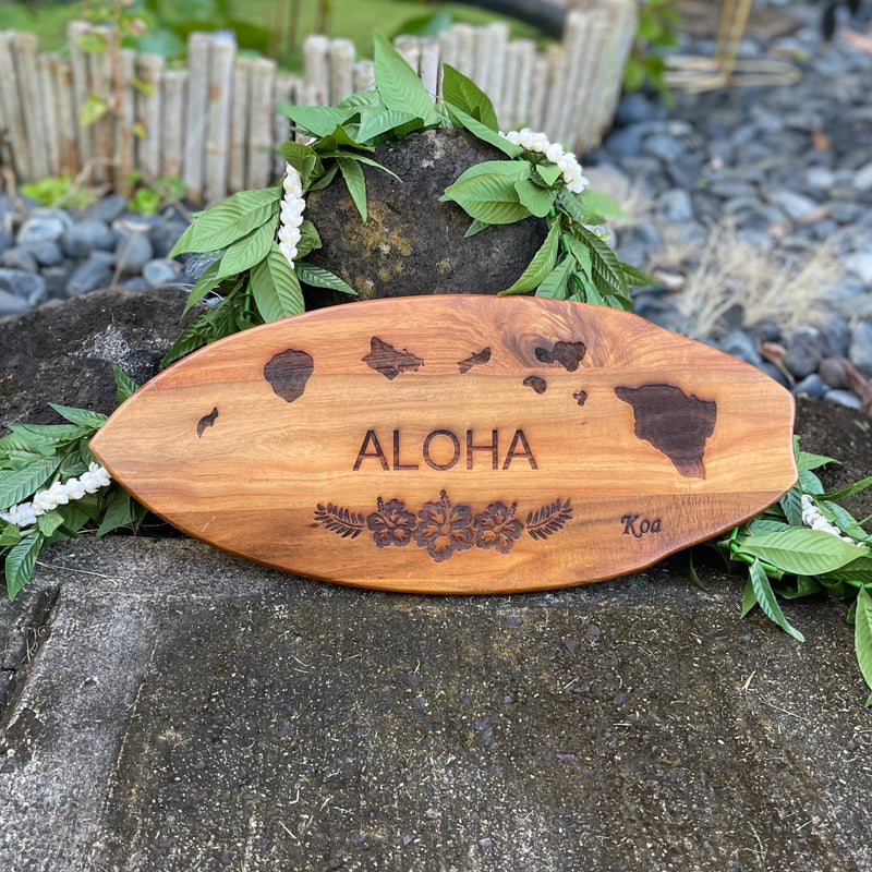 Koa Wood Sign - ALOHA With Hibiscus & Hawaiian Island Chain