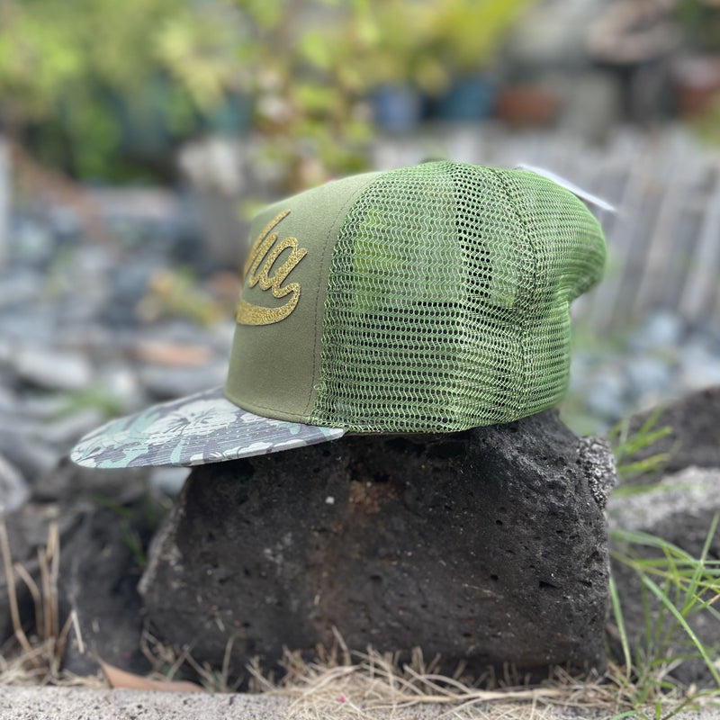 Hat - Green Trucker - Gold Aloha Camo