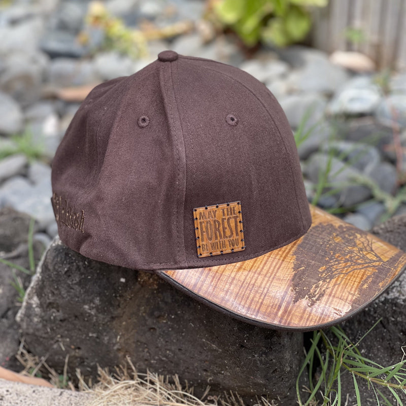 Koa Wood Black Snap Back Hat  w/ May the forest be with you Wood Stamp & Monkeypod Tree Flat Rim
