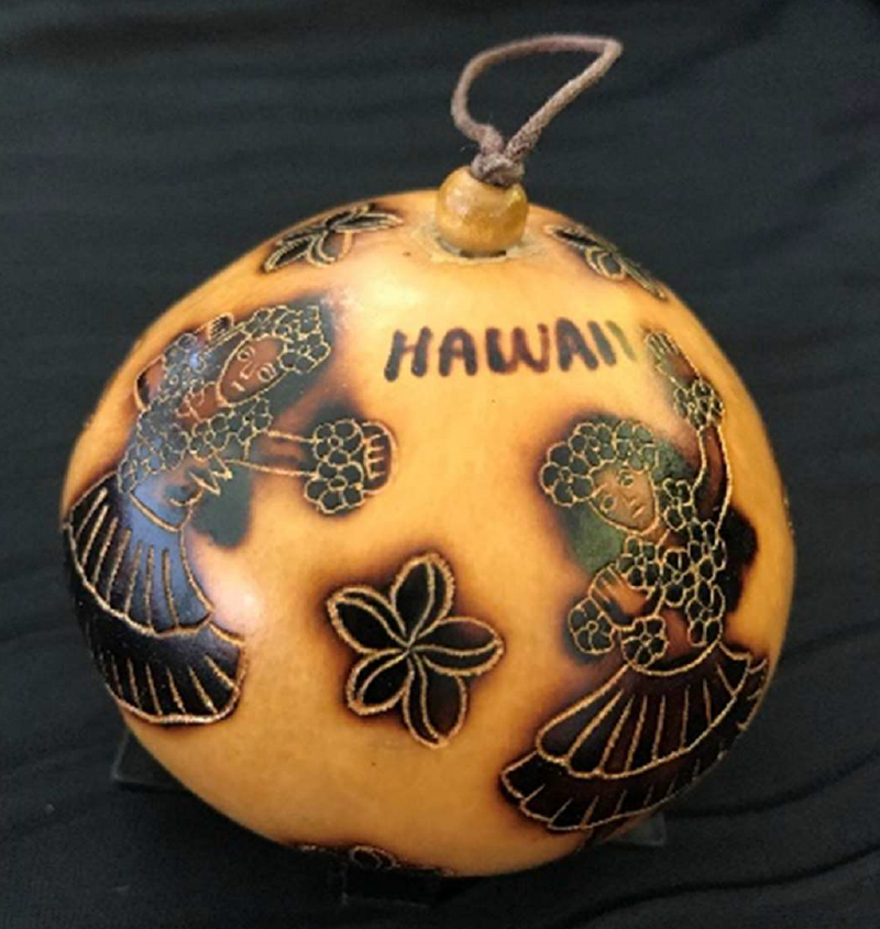 Christmas Mini Wood Burned Gourd Ornament - Hula Girls Plumeria