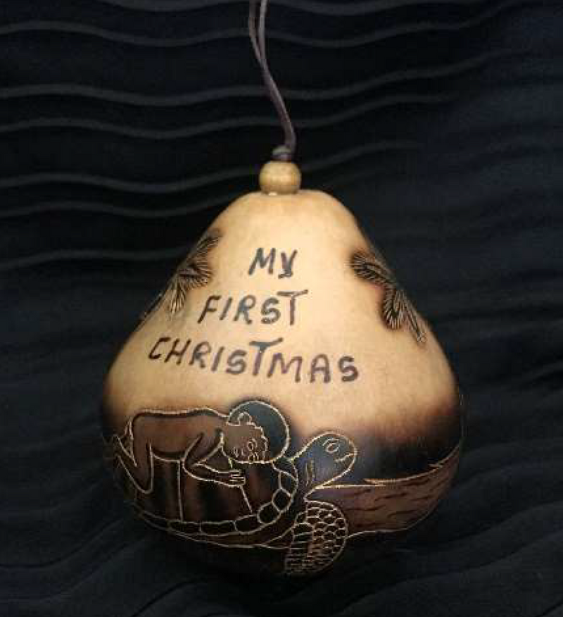 Christmas Mini Wood Burned Gourd Ornament - My First Christmas (Honu)