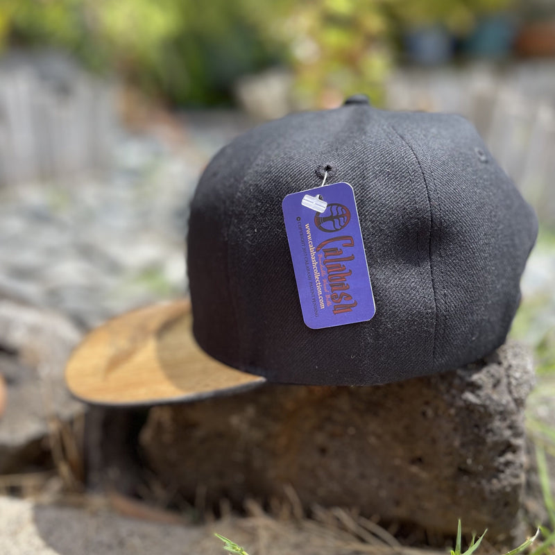 Koa Wood Black Snap Back Hat  w/ May the forest be with you Wood Stamp & Monkeypod Tree Flat Rim