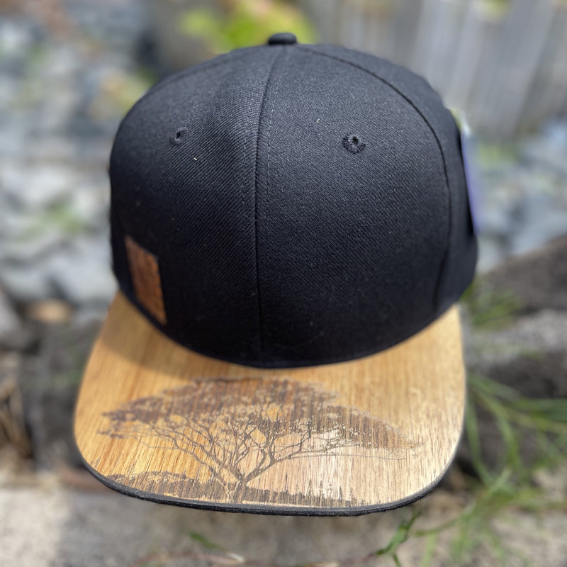 Koa Wood Black Snap Back Hat  w/ May the forest be with you Wood Stamp & Monkeypod Tree Flat Rim