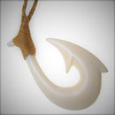 Buffalo Bone 2 Barb Fish Hook Pendant - Tan Cord