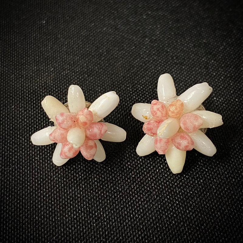 Kaua'i White Miter and Pink Trivia Oryza Shell Flower Earrings