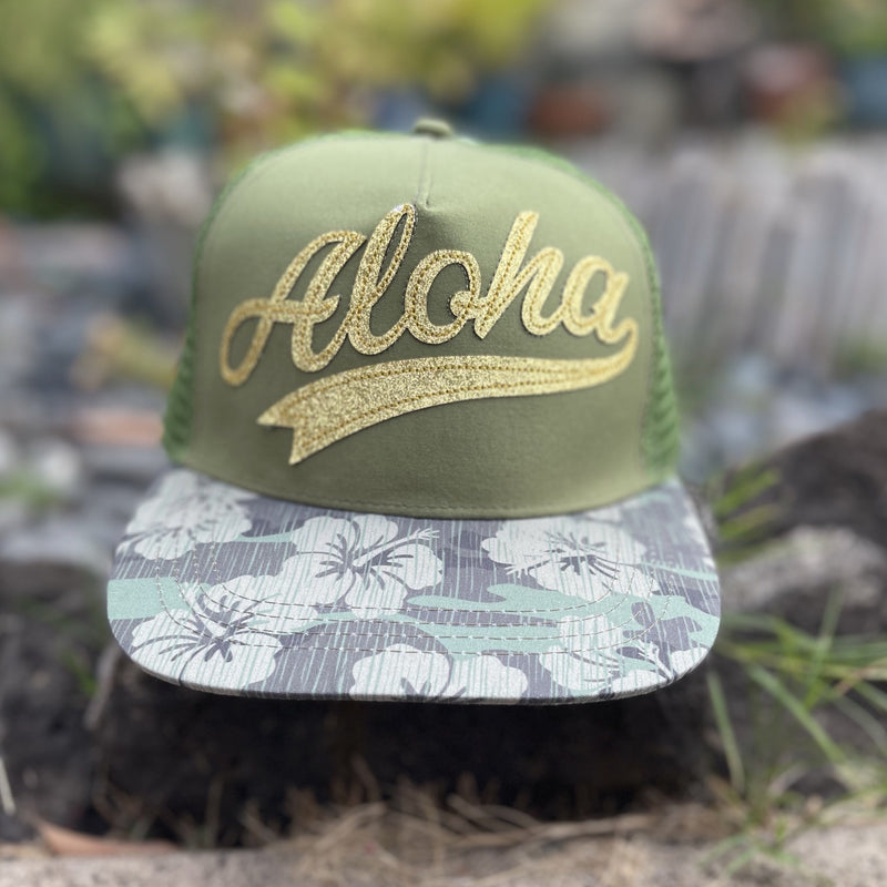 Hat - Green Trucker - Gold Aloha Camo