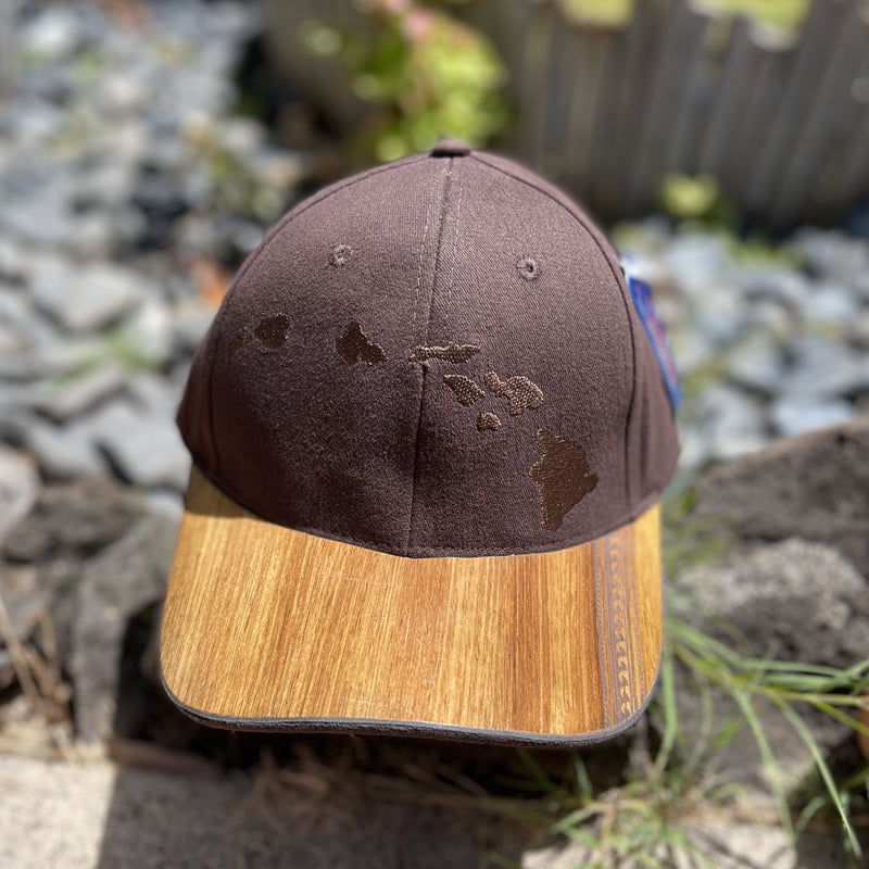 Koa Wood Bill Cap - Hawaiian Island Chain - Wave Tattoo Brim