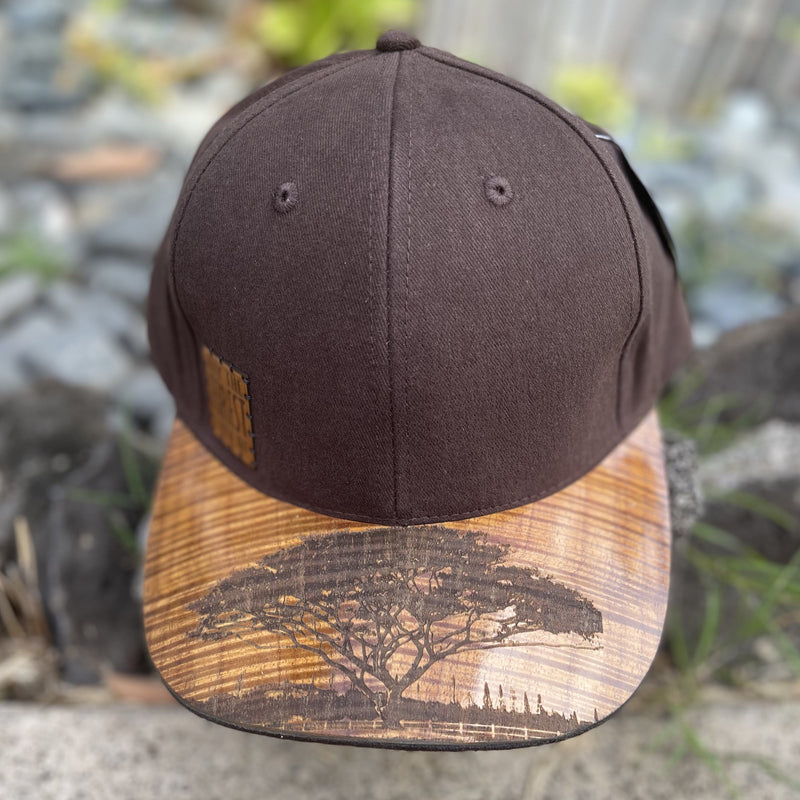 Koa Wood Black Snap Back Hat  w/ May the forest be with you Wood Stamp & Monkeypod Tree Flat Rim