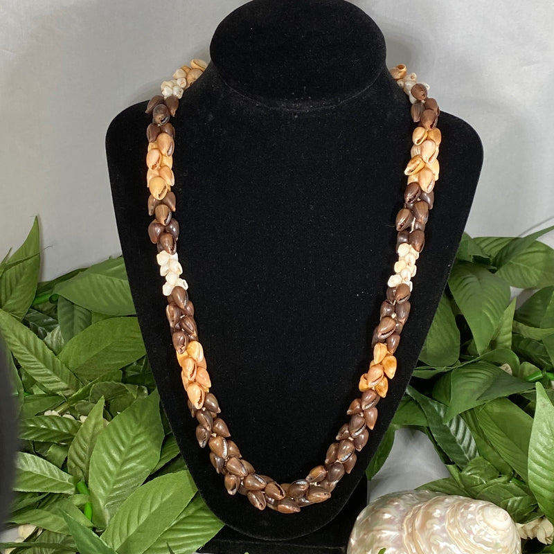 Niihau Golden & Dark Brown Pōleho, mixed with White Momi Shell Lei