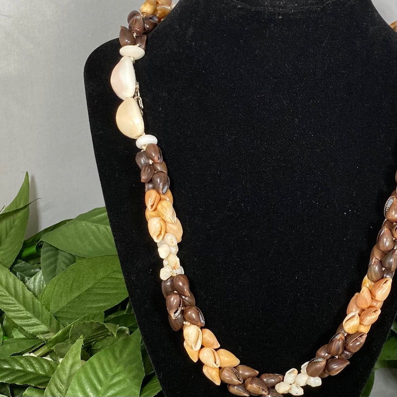 Niihau Golden & Dark Brown Pōleho, mixed with White Momi Shell Lei