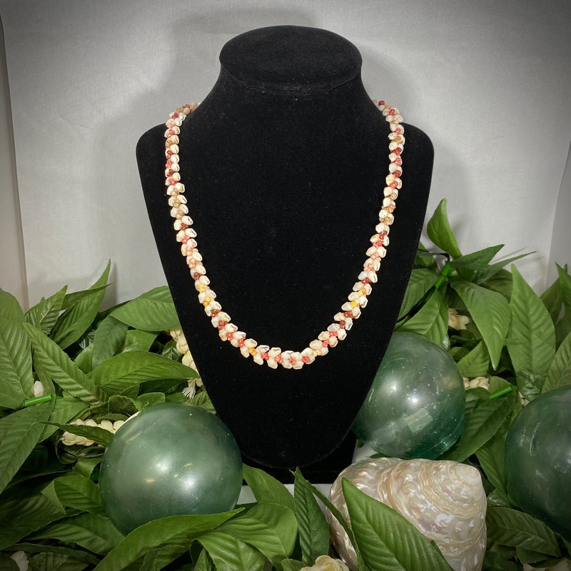 Ni'ihau Momi Shells with multi-colored Kahelelani Shells Heleconia  Style Lei