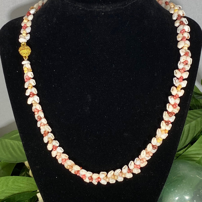 Ni'ihau Momi Shells with multi-colored Kahelelani Shells Heleconia  Style Lei