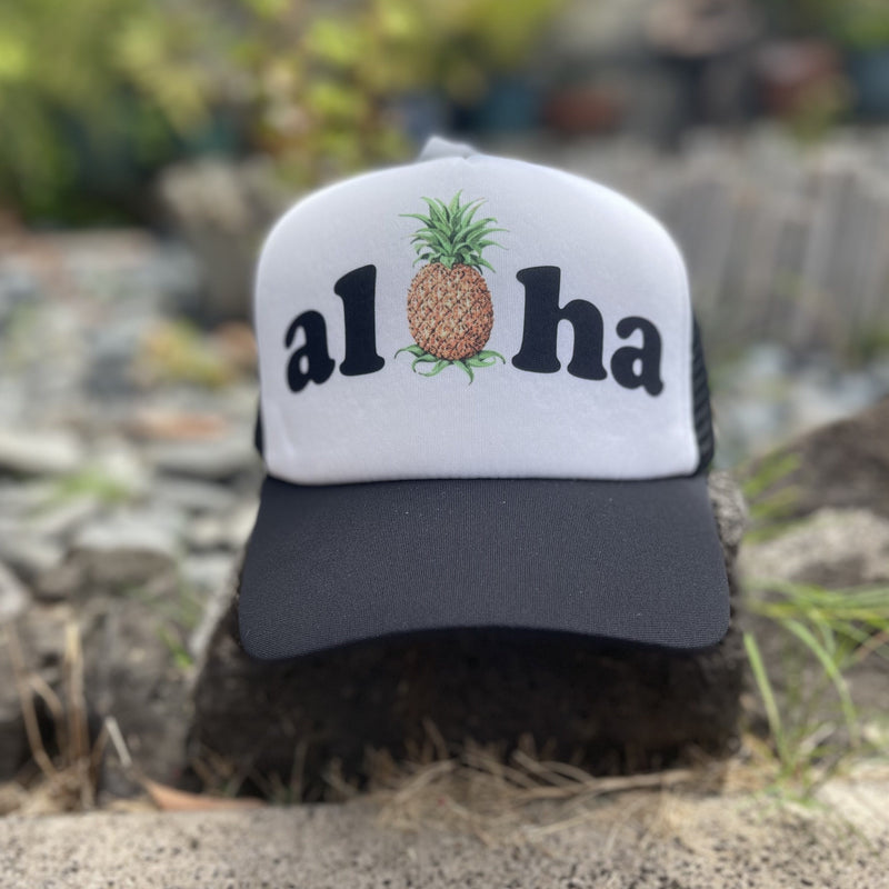 Hat - Black Trucker - Aloha Pineapple - White background