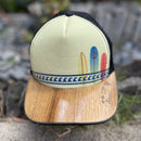 Koa Wood Bill Cap - Yellow Wave and Surfboard Black Trucker - Island chain brim