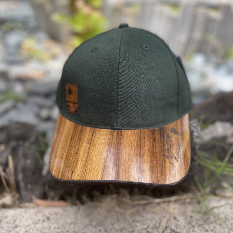 Koa Wood Bill Cap - Coconut Tree Wood Stamp w/ Island Chain Brim