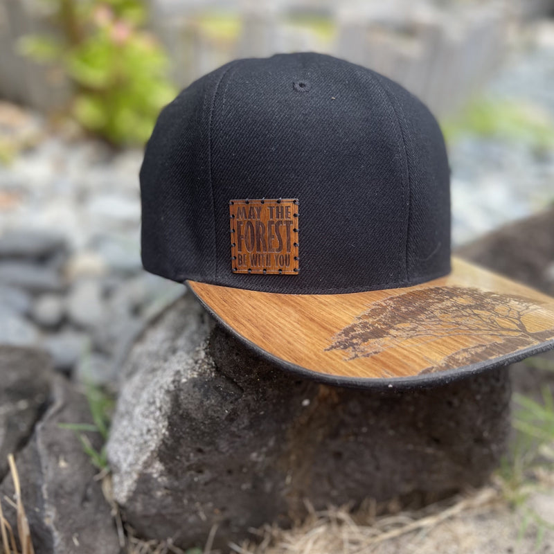 Koa Wood Black Snap Back Hat  w/ May the forest be with you Wood Stamp & Monkeypod Tree Flat Rim