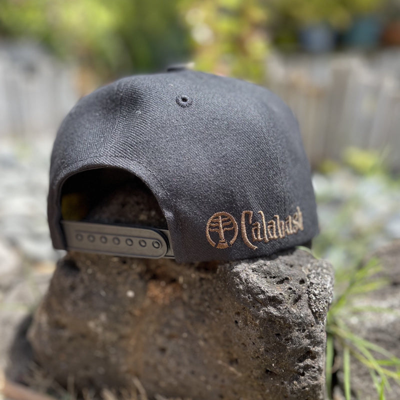 Koa Wood Black Snap Back Hat  w/ May the forest be with you Wood Stamp & Monkeypod Tree Flat Rim
