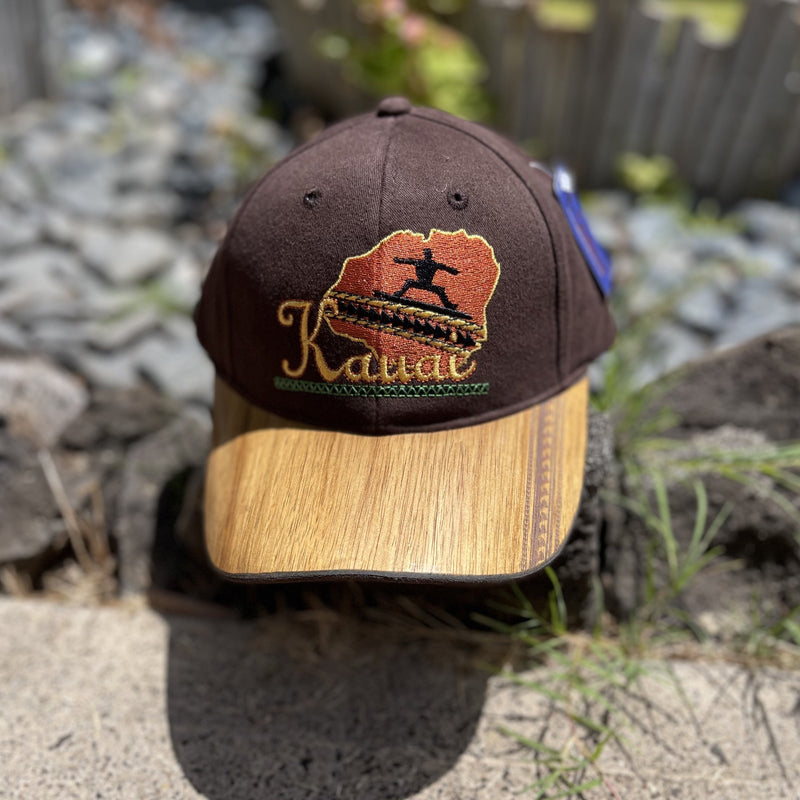 Koa Wood Black or Brown Kauai Island Hat w/ Tribal Waves Rim