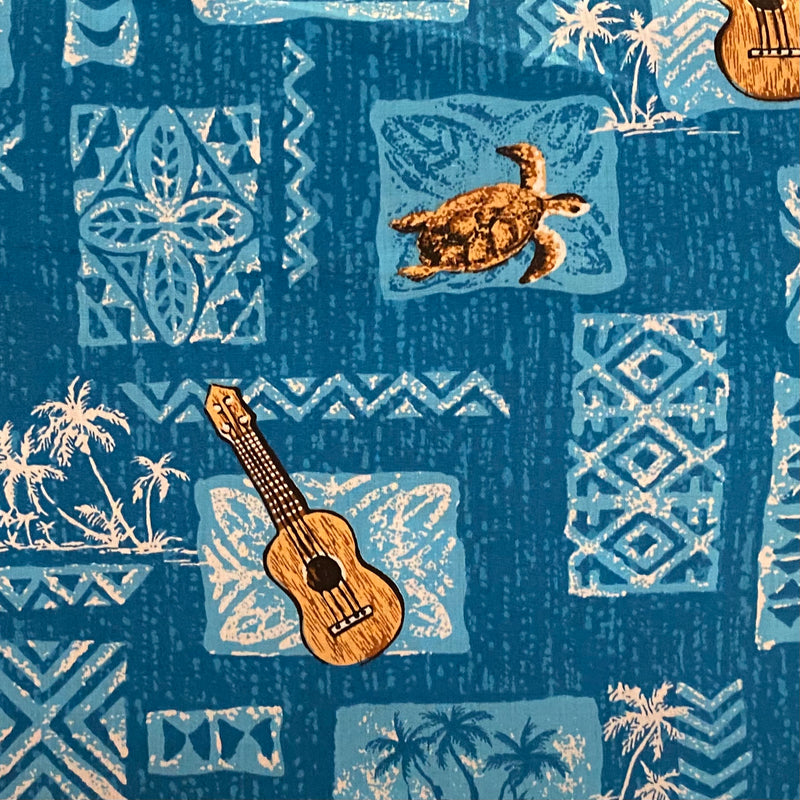 Poly-Cotton Hawaiian Fabric - Honu and 'Ukulele Turquoise