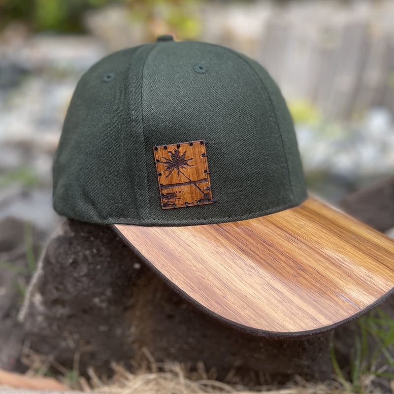 Koa Wood Bill Cap - Coconut Tree Wood Stamp w/ Island Chain Brim