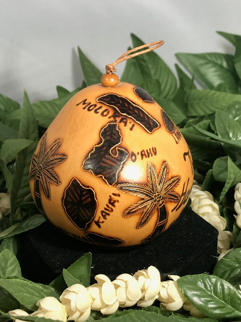 Christmas Mini Wood Burned Gourd Ornament - The Hawaiian Islands