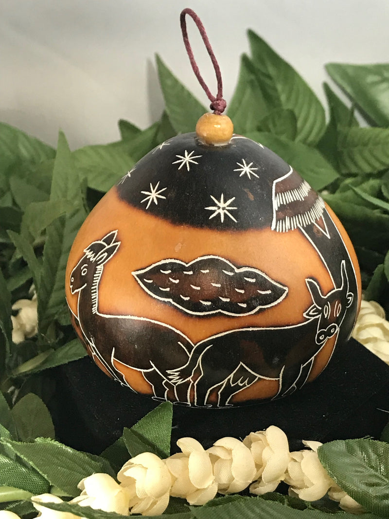 Christmas Mini Wood Burned Gourd Ornament - Nativity Scene