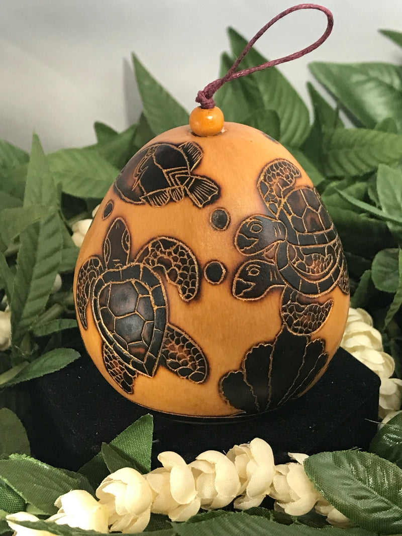 Christmas Mini Wood Burned Gourd Ornament - Honu and Humu