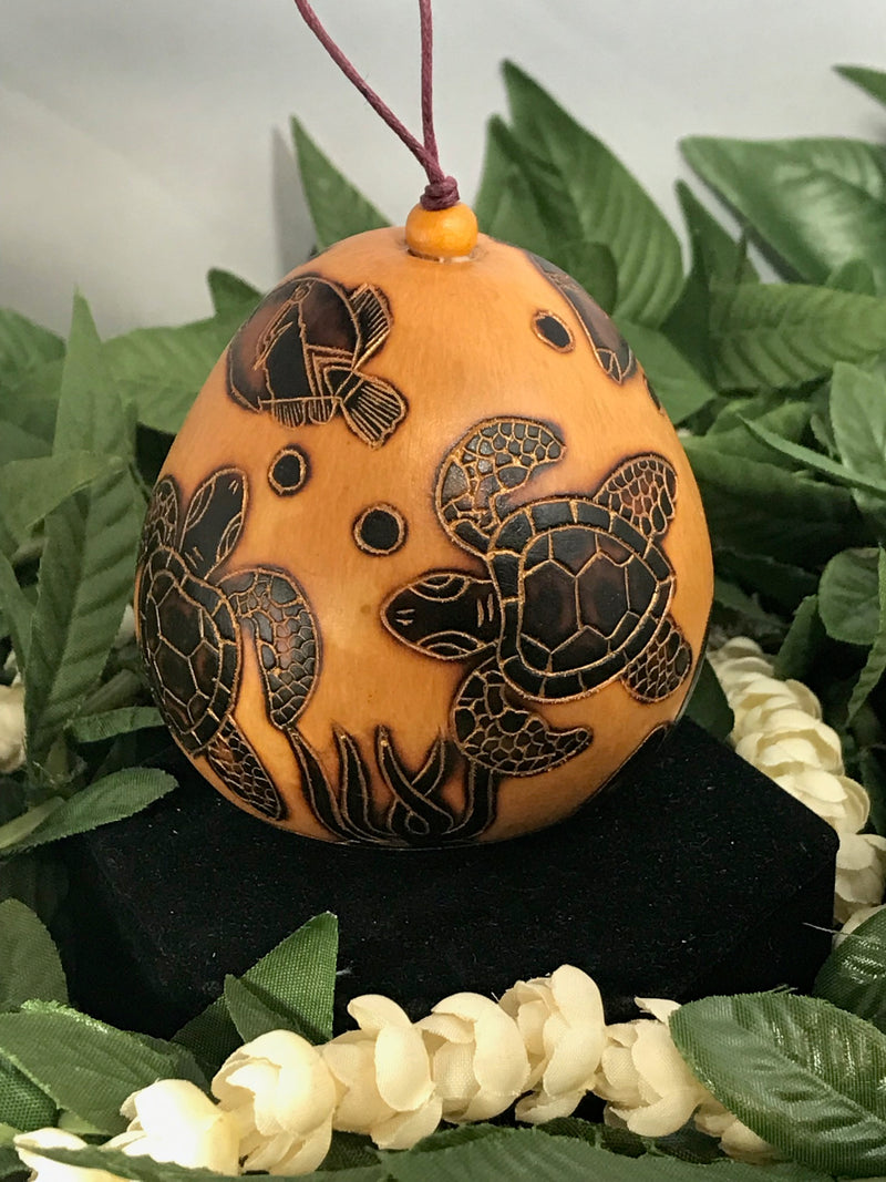 Christmas Mini Wood Burned Gourd Ornament - Honu and Humu