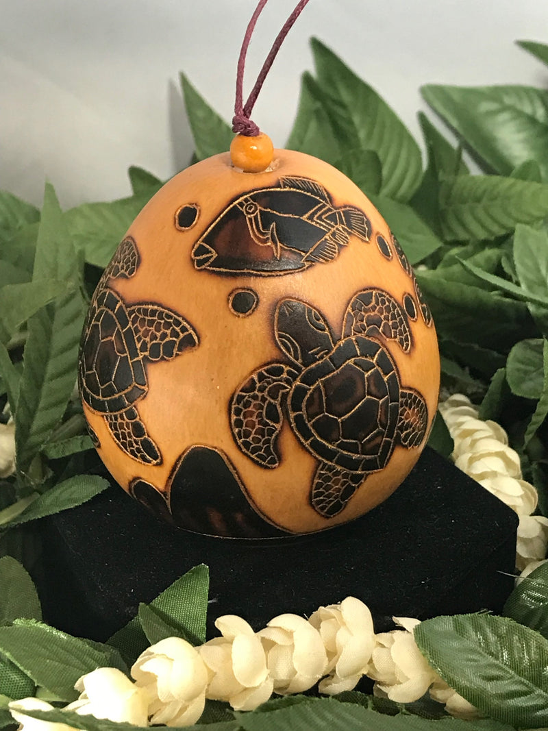 Christmas Mini Wood Burned Gourd Ornament - Honu and Humu