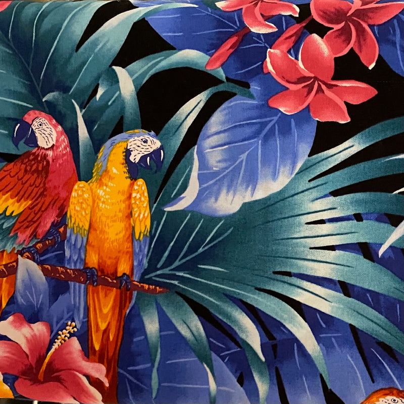100% Cotton Hawaiian Fabric - Tropical Parrots Black