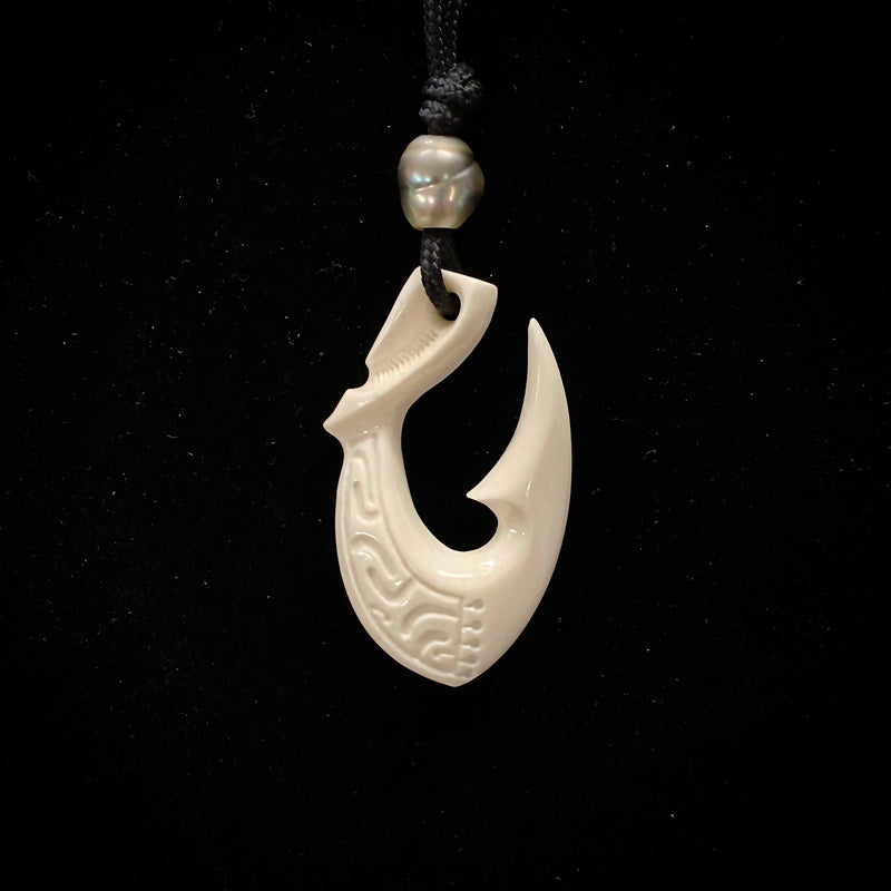Carved Cow Bone Fish Hook w/ Tahitian Black Pearl Pendant