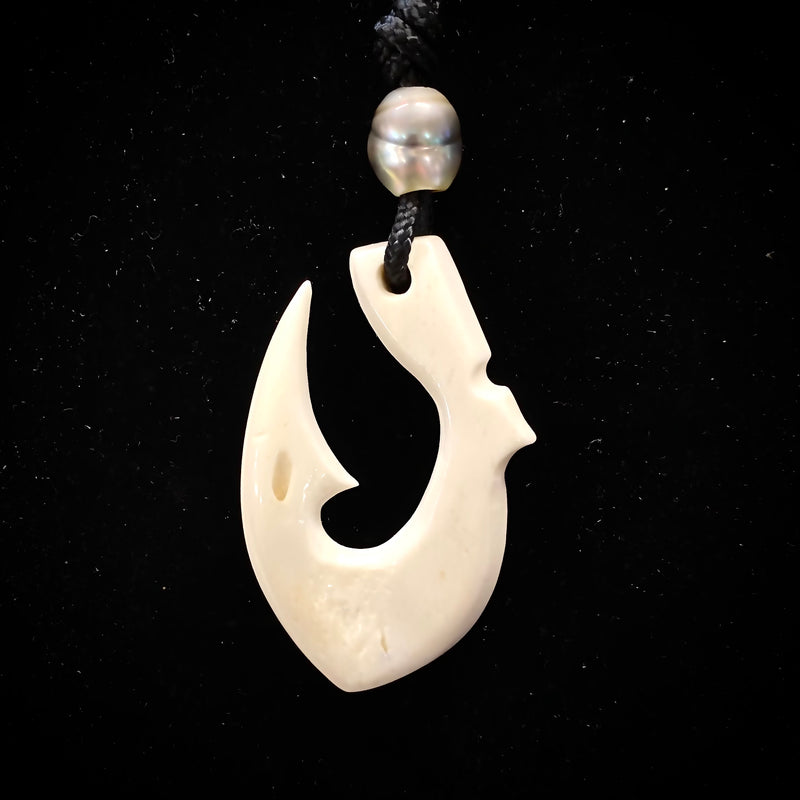 Carved Cow Bone Fish Hook w/ Tahitian Black Pearl Pendant