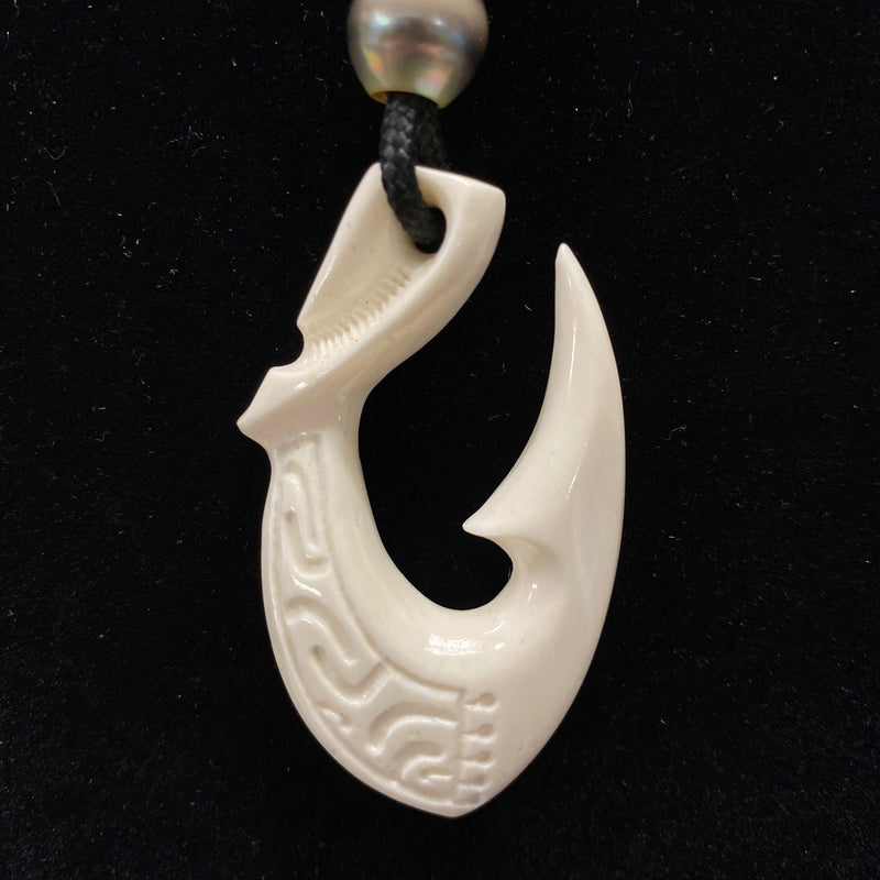 Carved Cow Bone Fish Hook w/ Tahitian Black Pearl Pendant